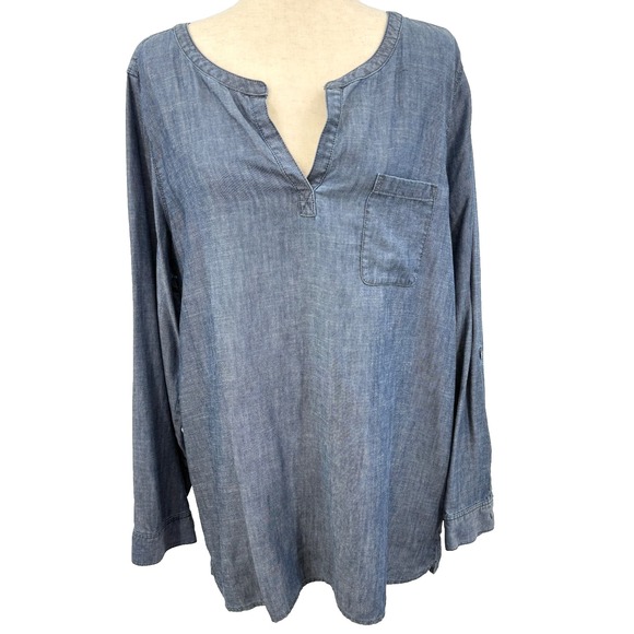 J Jill Denim Womens Chambray Top XL Blue Minimalist Linen Blend Capsule Wardrobe - Picture 2 of 9